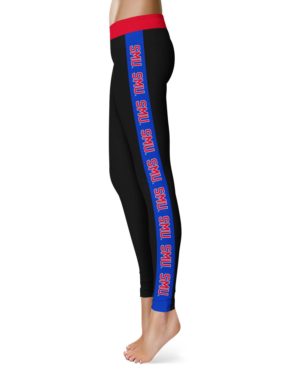 SMU Mustangs Vive La Fete Game Day Collegiate Blue Stripes Women Black Yoga Leggings 2 Waist Tights"