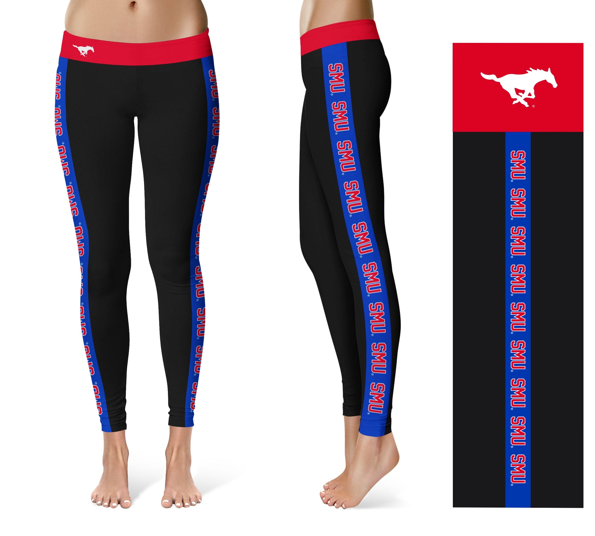 SMU Mustangs Vive La Fete Game Day Collegiate Blue Stripes Women Black Yoga Leggings 2 Waist Tights"