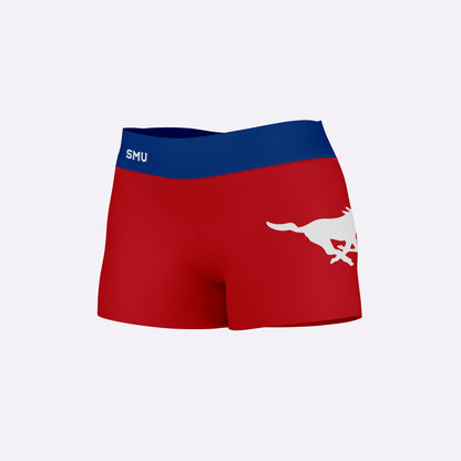 SMU Mustangs Vive La Fete Logo on Thigh & Waistband Red Blue Women Yoga Booty Workout Shorts 3.75 Inseam