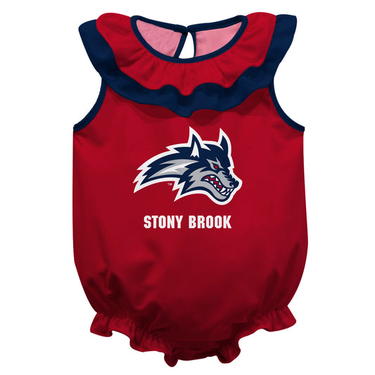 Stony Brook University Seawolves Red Sleeveless Ruffle One Piece Jumpsuit Logo Bodysuit by Vive La Fete