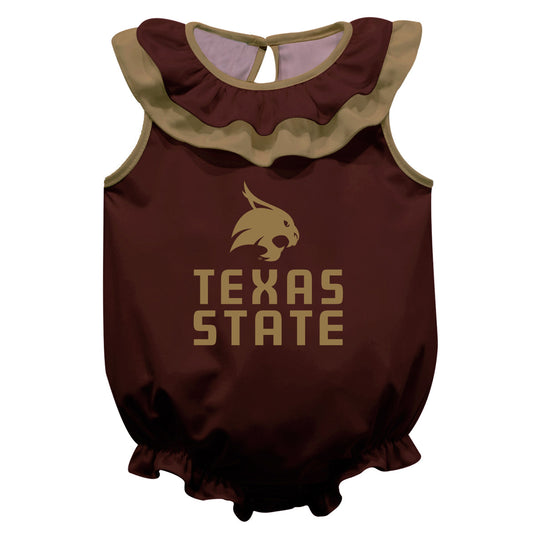 TXST Texas State Bobcats Maroon Sleeveless Ruffle One Piece Jumpsuit Logo Bodysuit by Vive La Fete