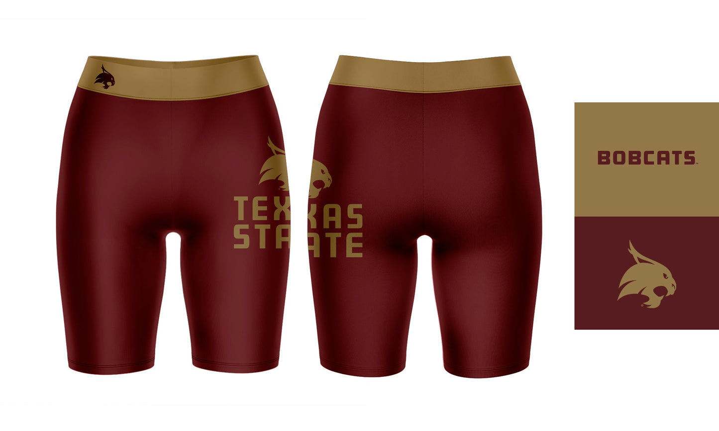 TXST Texas State Bobcats Vive La Fete Game Day Logo on Thigh and Waistband Maroon and Gold Women Bike Short 9 Inseam