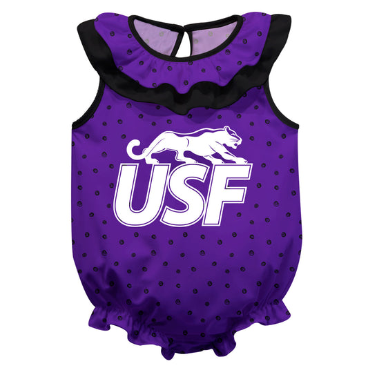 Sioux Falls Cougars USF Swirls Purple Sleeveless Ruffle One Piece Jumpsuit Logo Bodysuit by Vive La Fete