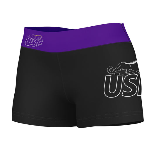 Sioux Falls Cougars USF Vive La Fete Logo on Thigh & Waistband Black & Purple Women Booty Workout Shorts 3.75 Inseam"