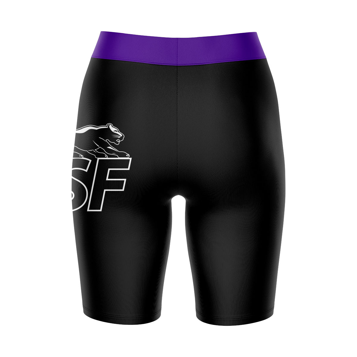 Sioux Falls Cougars USF Game Day Logo on Thigh and Waistband Black and Purple Womens Bike Shorts by Vive La Fete