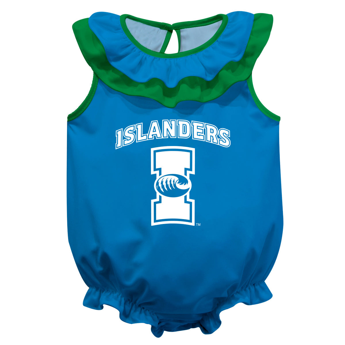 Texas A&M Corpus Christi Islanders TAMU-CC Blue Sleeveless Ruffle One Piece Jumpsuit Logo Bodysuit by Vive La Fete