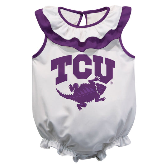 TCU Horned Frogs White Sleeveless Ruffle One Piece Jumpsuit Logo Bodysuit by Vive La Fete