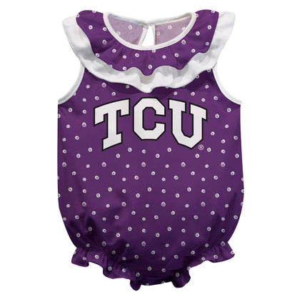 TCU Horned Frogs Swirls Purple Sleeveless Ruffle One Piece Jumpsuit Logo Bodysuit by Vive La Fete