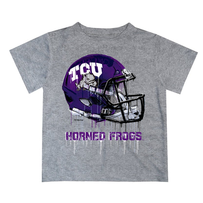 TCU Horned Frogs Original Dripping Football Helmet Heather Gray T-Shirt by Vive La Fete