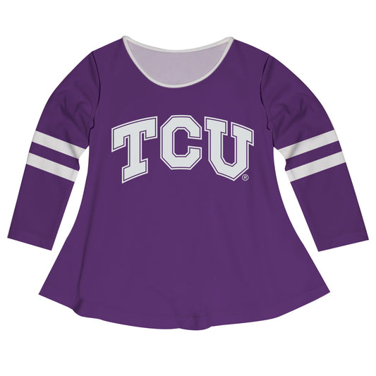 TCU Honed Frogs Big Logo Purple Stripes Long Sleeve Girls Laurie Top by Vive La Fete
