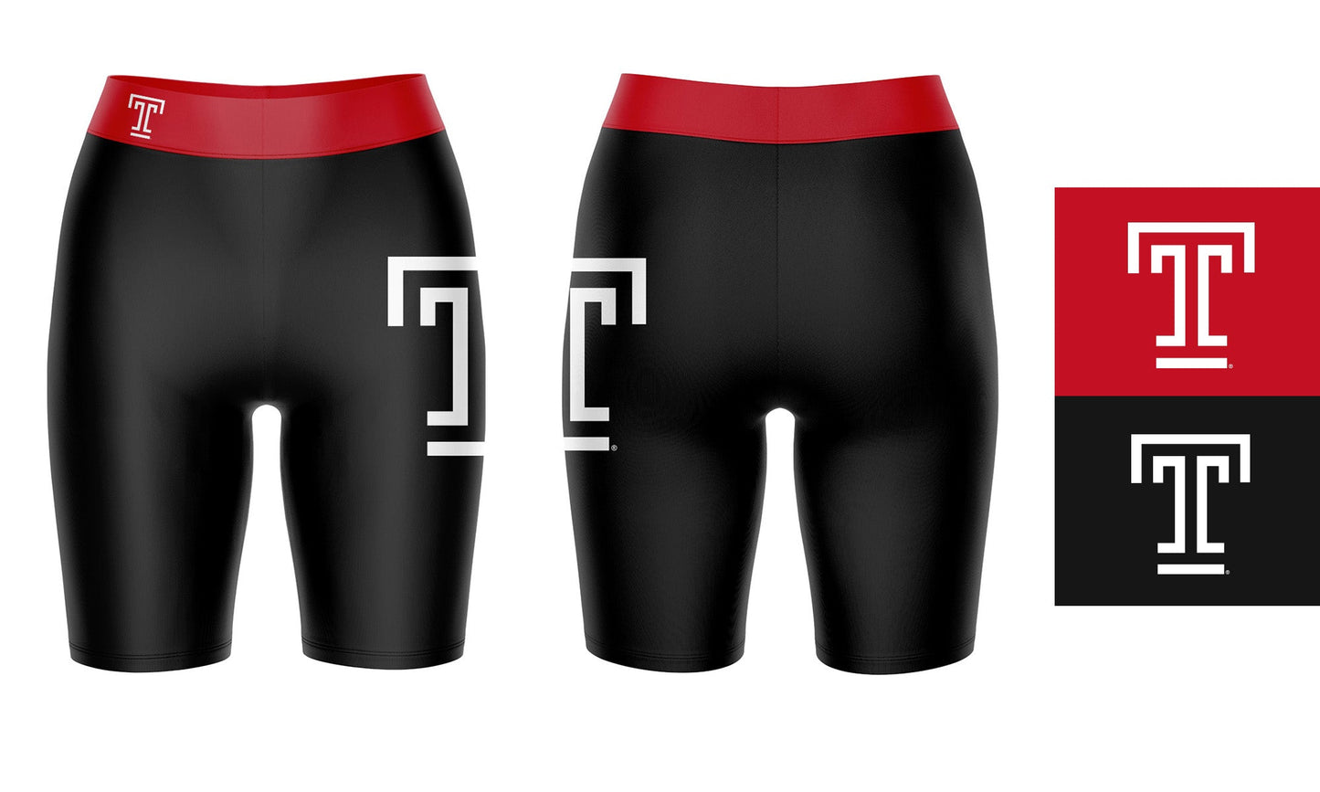 Temple Owls TU Vive La Fete Game Day Logo on Thigh and Waistband Black and Red Women Bike Short 9 Inseam"