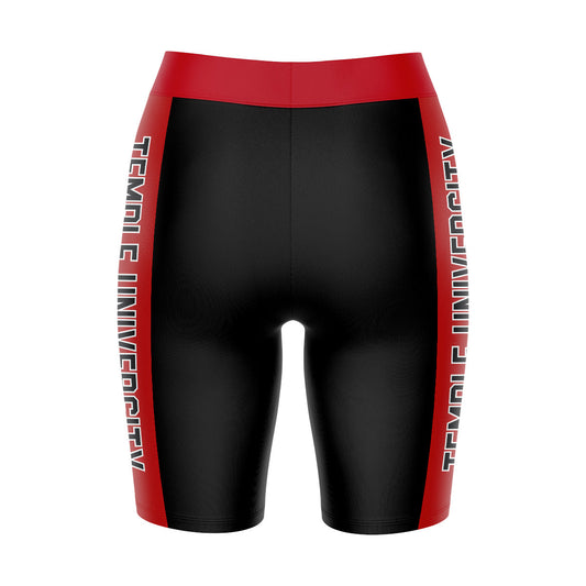 Mouseover Image, Temple University Owls TU Vive La Fete Game Day Logo on Waistband and Red Stripes Black Women Bike Short 9 Inseam