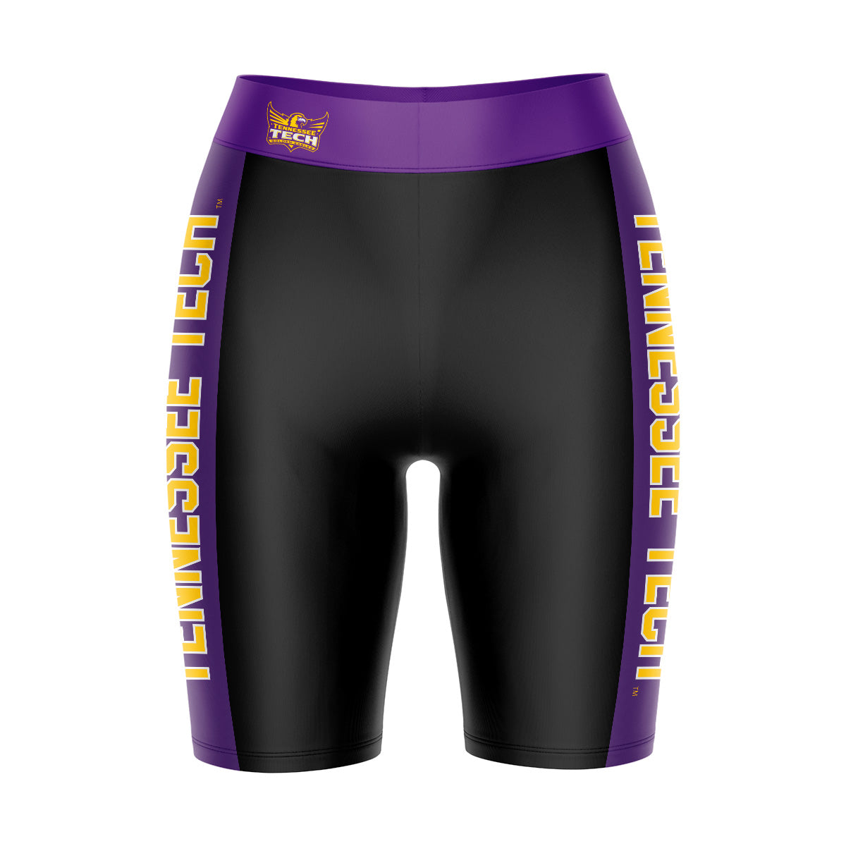 Tennessee Tech Golden Eagles TTU Vive La Fete Logo on Waistband and Purple Stripes Black Women Bike Short 9 Inseam