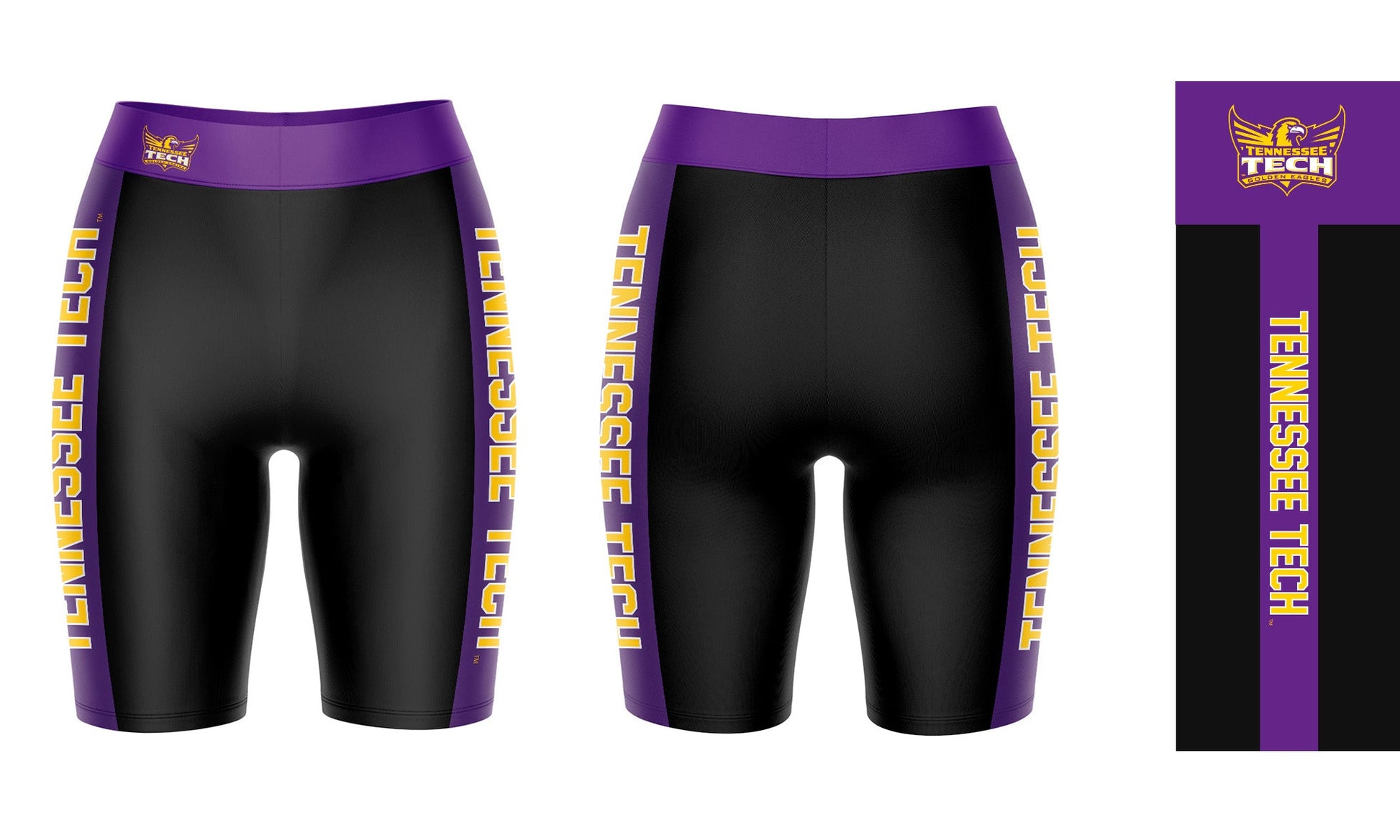 Tennessee Tech Golden Eagles TTU Vive La Fete Logo on Waistband and Purple Stripes Black Women Bike Short 9 Inseam