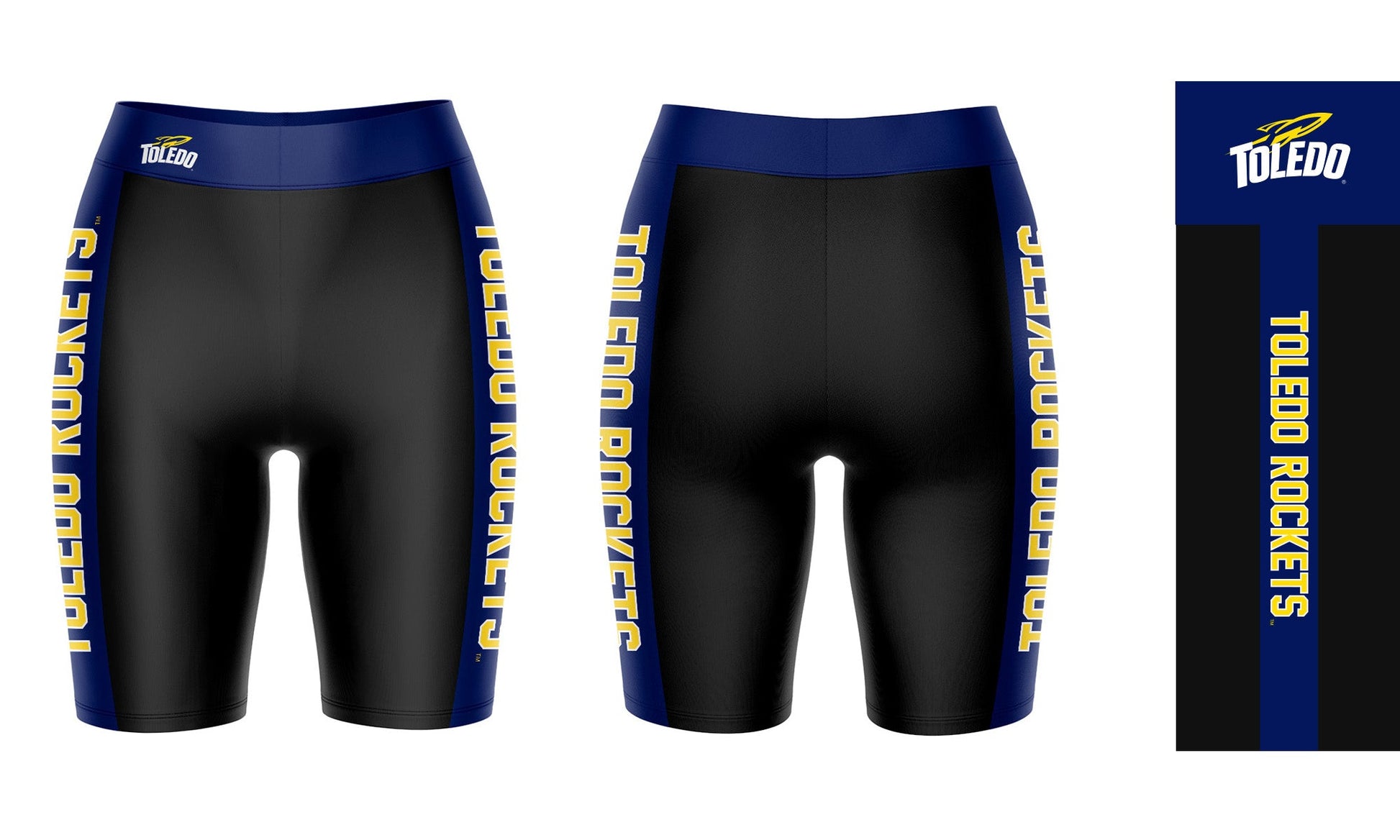 U Toledo Rockets Vive La Fete Game Day Logo on Waistband and Navy Stripes Black Women Bike Short 9 Inseam