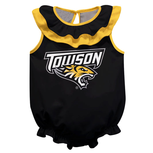 Towson University Tigers TU Black Sleeveless Ruffle One Piece Jumpsuit Logo Bodysuit by Vive La Fete