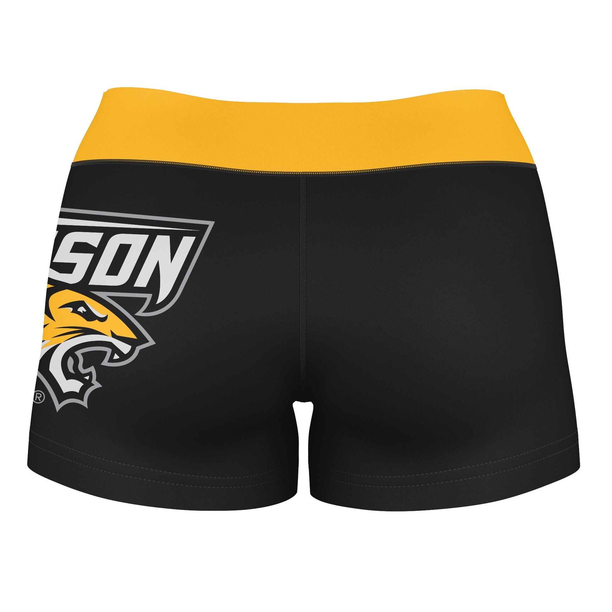 Towson University Tigers Vive La Fete Logo on Thigh and Waistband Black & Gold Women Booty Workout Shorts 3.75 Inseam" - Vive La F̻te - Online Apparel Store