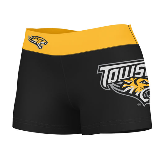 Towson University Tigers Vive La Fete Logo on Thigh and Waistband Black & Gold Women Booty Workout Shorts 3.75 Inseam"