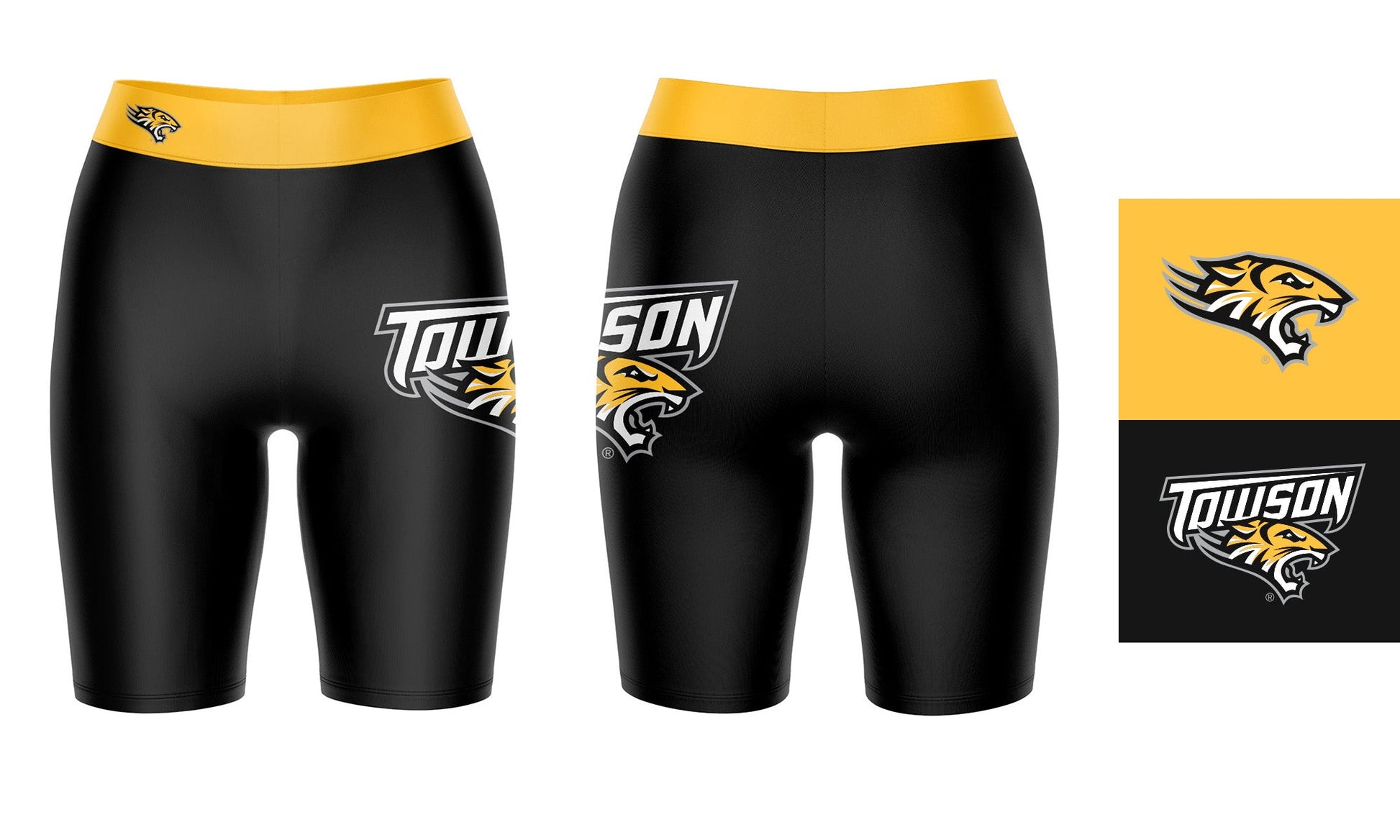 Towson University Tigers Vive La Fete Game Day Logo on Thigh and Waistband Black and Gold Women Bike Short 9 Inseam"