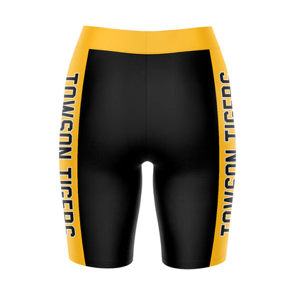 Towson University Tigers Vive La Fete Game Day Logo on Waistband and Gold Stripes Black Women Bike Short 9 Inseam