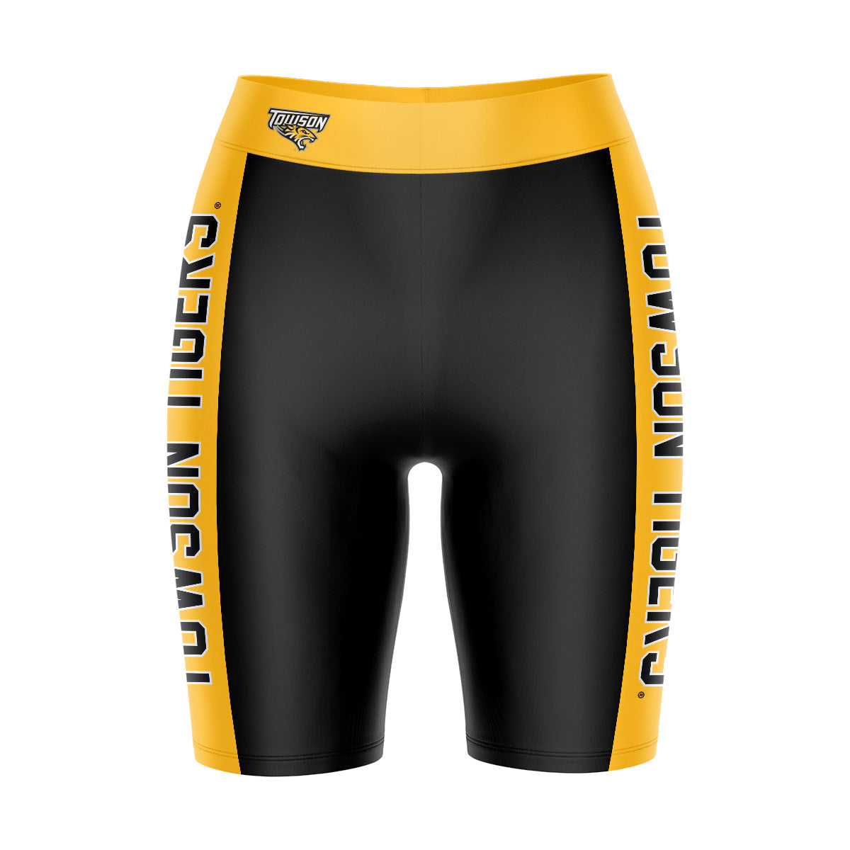 Towson University Tigers Vive La Fete Game Day Logo on Waistband and Gold Stripes Black Women Bike Short 9 Inseam