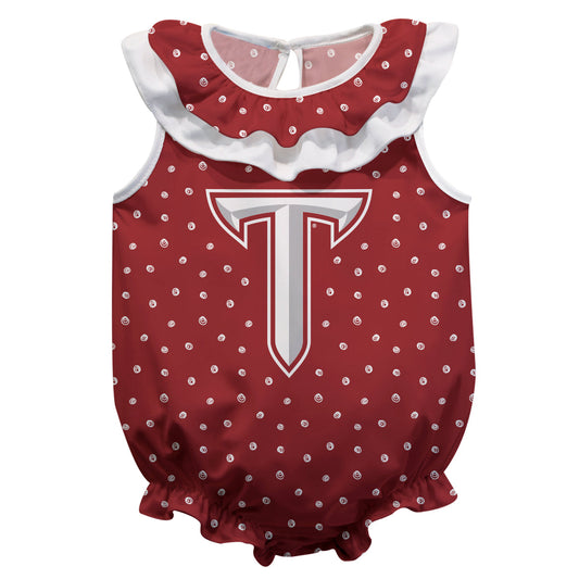 Troy Trojans Swirls Maroon Sleeveless Ruffle One Piece Jumpsuit Logo Bodysuit by Vive La Fete