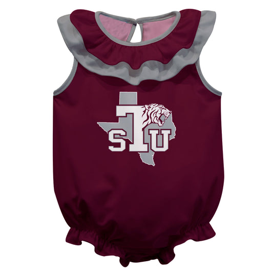 Texas Southern Universtiy Tigers Maroon Sleeveless Ruffle One Piece Jumpsuit Logo Bodysuit by Vive La Fete