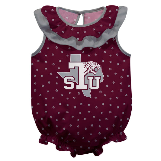 Texas Southern University Tigers Swirls Maroon Sleeveless Ruffle One Piece Jumpsuit Logo Bodysuit by Vive La Fete