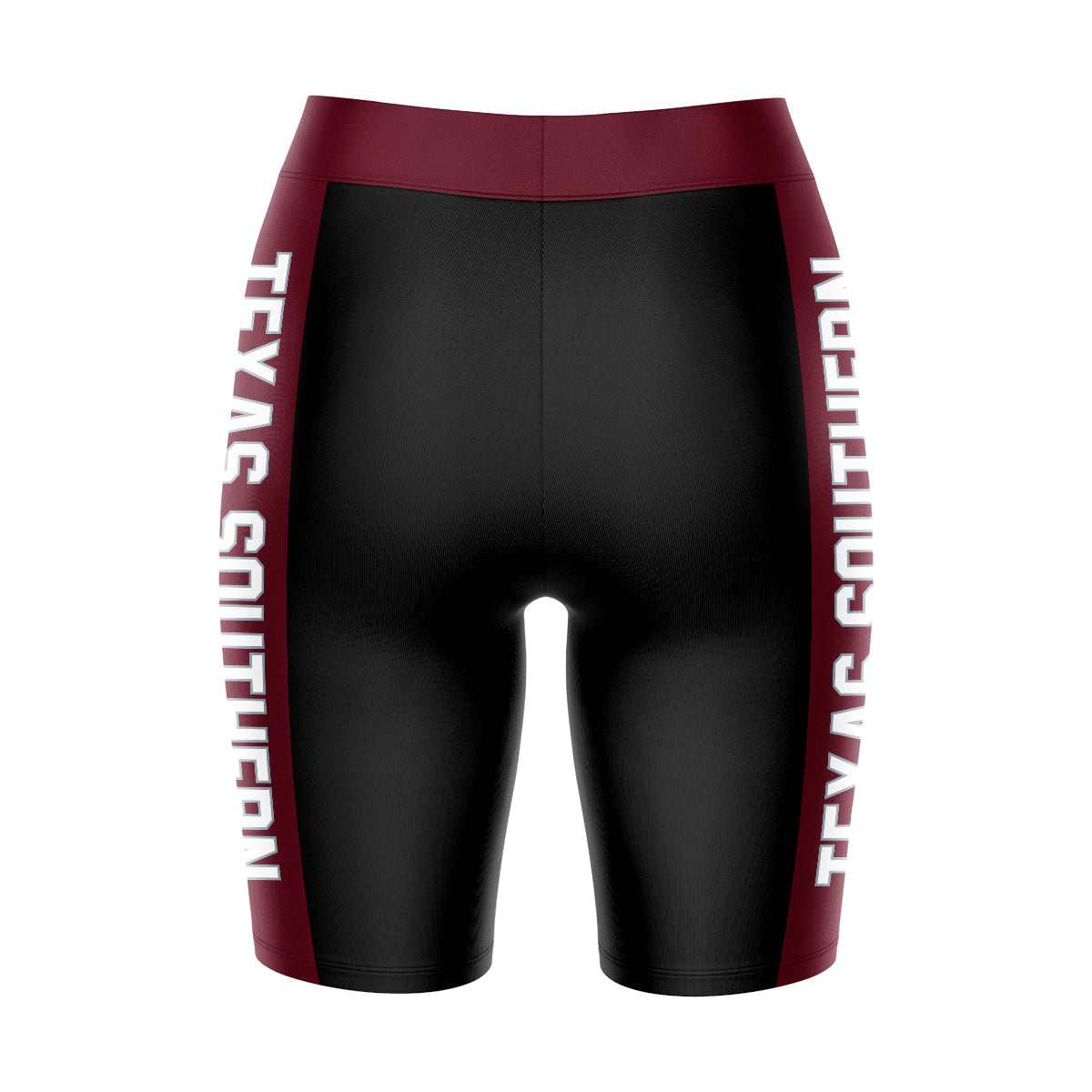 Texas Southern Tigers Vive La Fete Game Day Logo on Waistband and Maroon Stripes Black Women Bike Short 9 Inseam