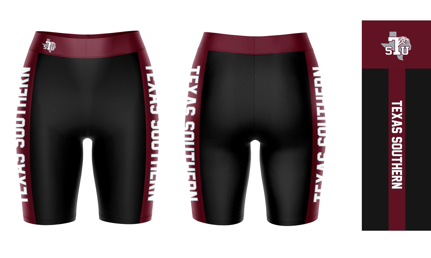 Texas Southern Tigers Vive La Fete Game Day Logo on Waistband and Maroon Stripes Black Women Bike Short 9 Inseam