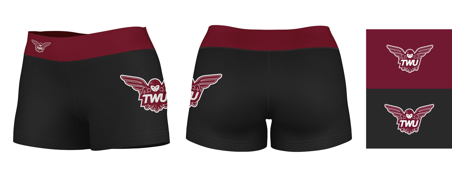 Texas Woman University Pioneers Logo on Thigh & Waistband Black & Maroon Women Yoga Booty Workout Shorts 3.75 Inseam" - Vive La F̻te - Online Apparel Store