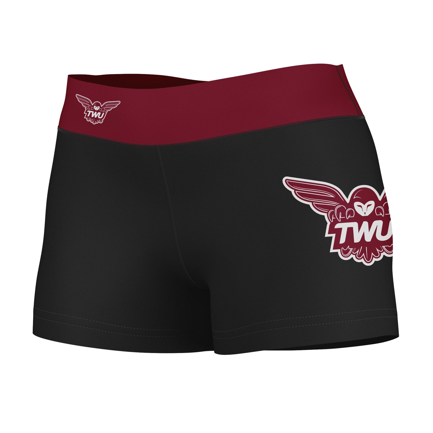 Texas Woman University Pioneers Logo on Thigh & Waistband Black & Maroon Women Yoga Booty Workout Shorts 3.75 Inseam"