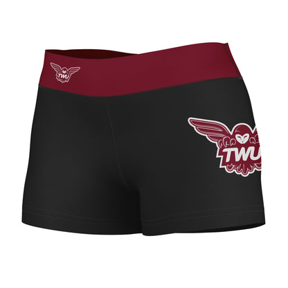 Texas Woman University Pioneers Logo on Thigh & Waistband Black & Maroon Women Yoga Booty Workout Shorts 3.75 Inseam"