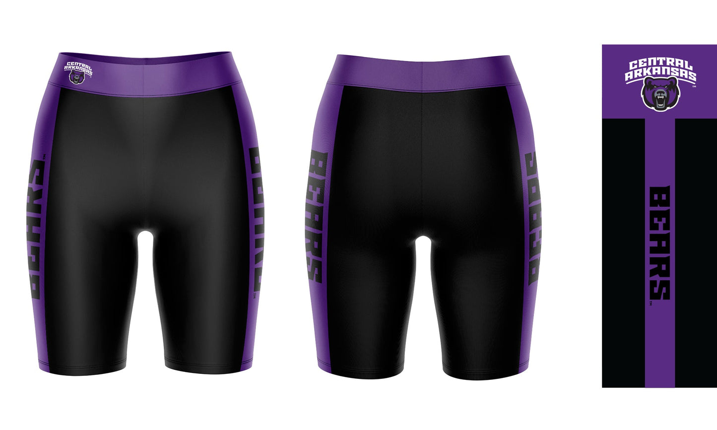 Central Arkansas Bears UCA Vive La Fete Game Day Logo on Waistband and Purple Stripes Black Women Bike Short 9 Inseam"