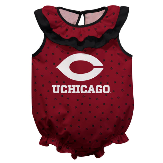 University of Chicago Maroons Swirls Maroon Sleeveless Ruffle One Piece Jumpsuit Logo Bodysuit by Vive La Fete