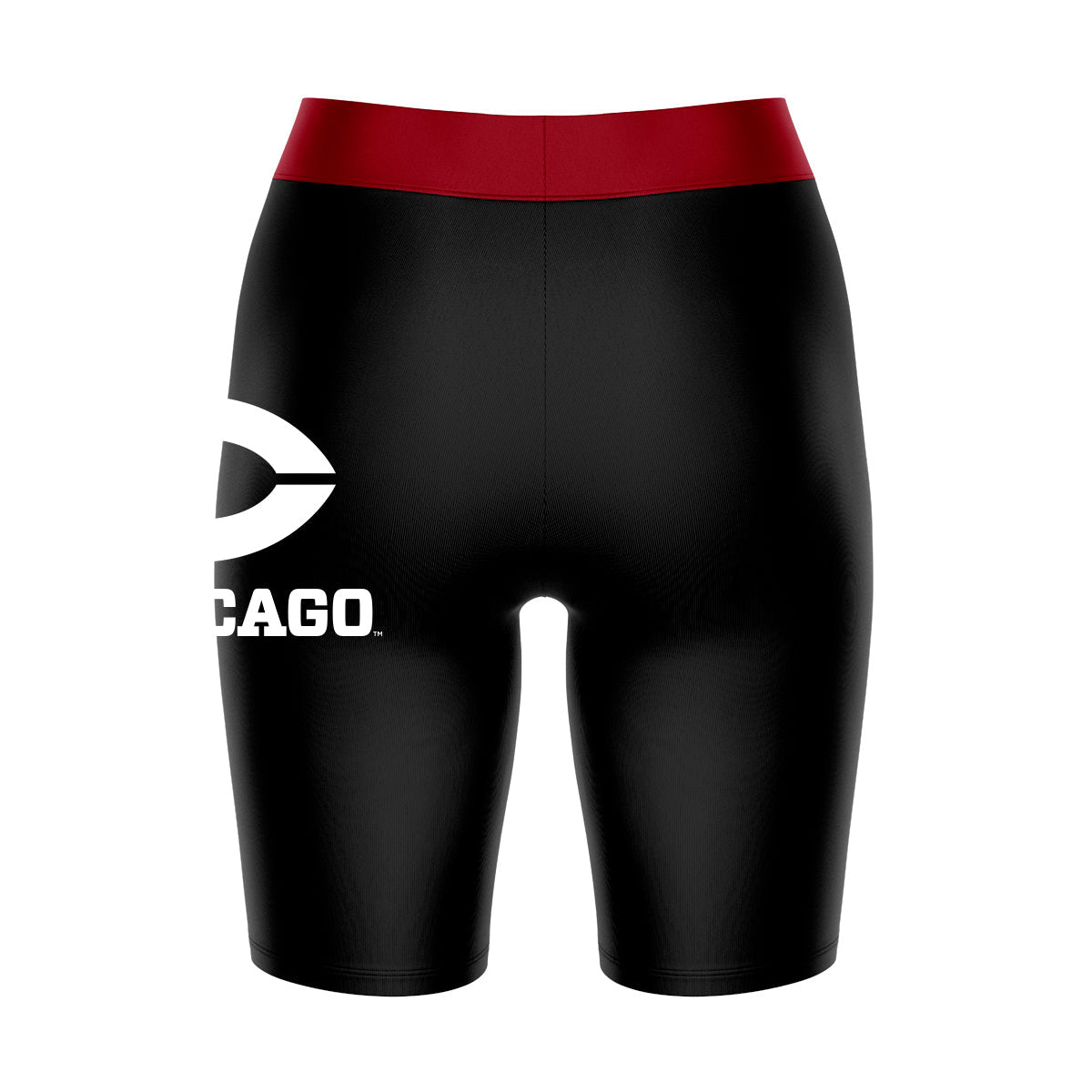 UChicago Maroon Vive La Fete Game Day Logo on Thigh and Waistband Black and Maroon Women Bike Short 9 Inseam"