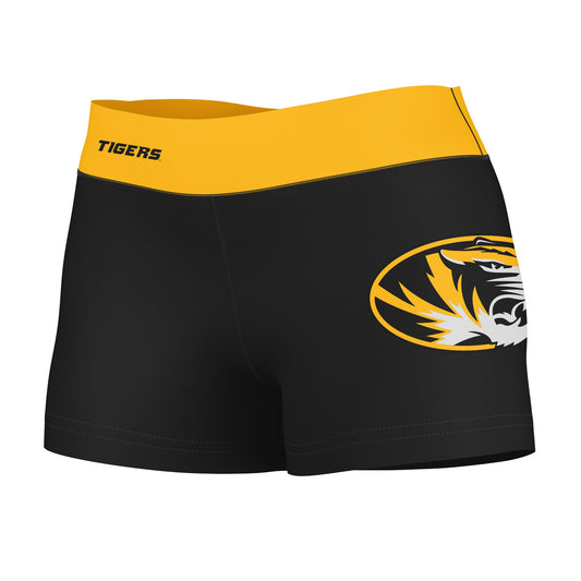 Mizzou Tigers Vive La Fete Game Day Logo on Thigh & Waistband Black & Gold Women Yoga Booty Workout Shorts 3.75 Inseam"
