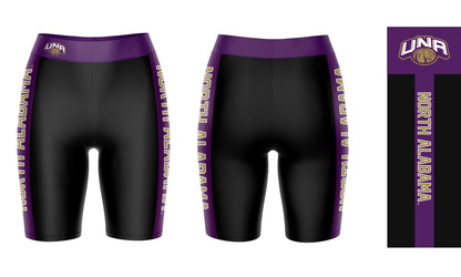 North Alabama Lions Vive La Fete Game Day Logo on Waistband and Purple Stripes Black Women Bike Short 9 Inseam"