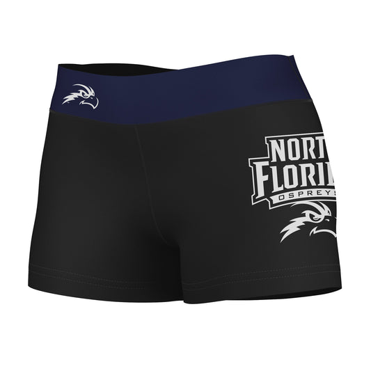 UNF Ospreys Vive La Fete Game Day Logo on Thigh and Waistband Black & Blue Women Yoga Booty Workout Shorts 3.75 Inseam"