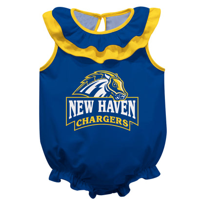 University of New Haven Chargers Blue Sleeveless Ruffle One Piece Jumpsuit Logo Bodysuit by Vive La Fete