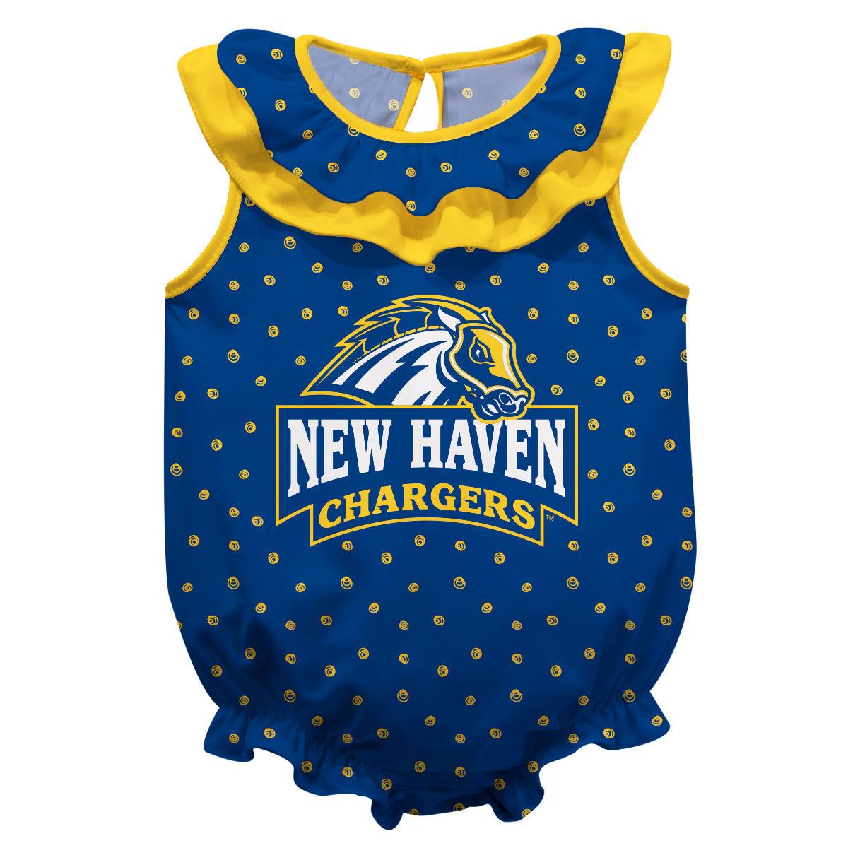 New Haven Chargers Swirls Blue Sleeveless Ruffle One Piece Jumpsuit Logo Bodysuit by Vive La Fete