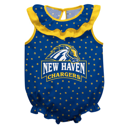 New Haven Chargers Swirls Blue Sleeveless Ruffle One Piece Jumpsuit Logo Bodysuit by Vive La Fete