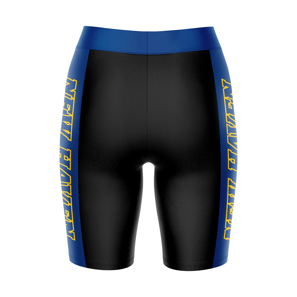 New Haven Chargers Vive La Fete Game Day Logo on Waistband and Blue Stripes Black Women Bike Short 9 Inseam