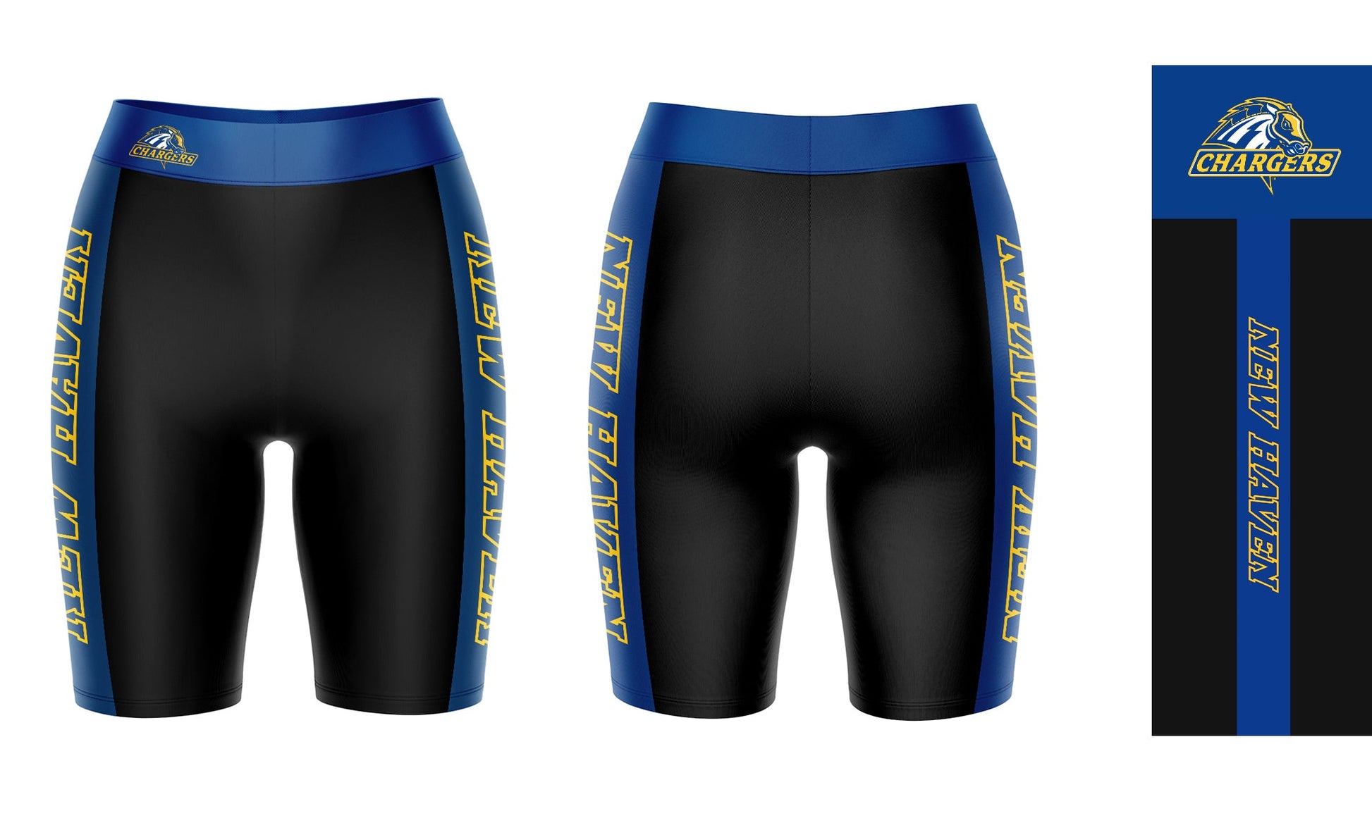 New Haven Chargers Vive La Fete Game Day Logo on Waistband and Blue Stripes Black Women Bike Short 9 Inseam