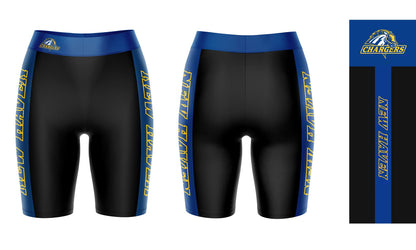 New Haven Chargers Vive La Fete Game Day Logo on Waistband and Blue Stripes Black Women Bike Short 9 Inseam