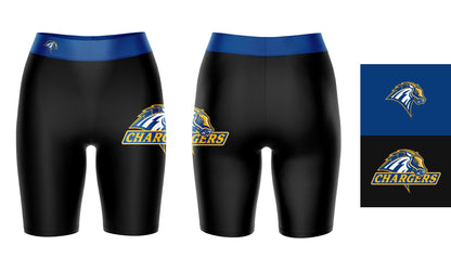 New Haven Chargers Vive La Fete Game Day Logo on Thigh and Waistband Black and Blue Women Bike Short 9 Inseam