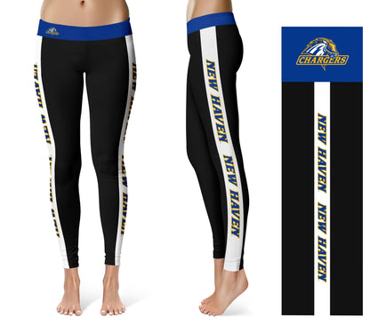 New Haven Chargers Vive La Fete Game Day Collegiate White Stripes Women Black Yoga Leggings 2 Waist Tights