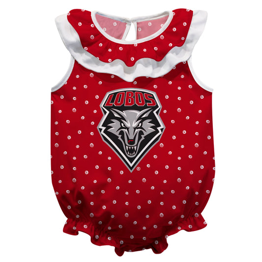 New Mexico Lobos UNM Swirls Red Sleeveless Ruffle One Piece Jumpsuit Logo Bodysuit by Vive La Fete