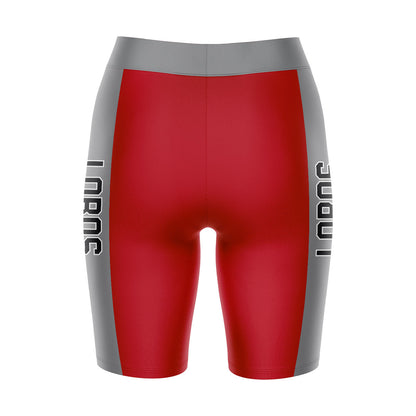 New Mexico Lobos UNM Vive La Fete Game Day Logo on Waistband and Gray Stripes Red Women Bike Short 9 Inseam