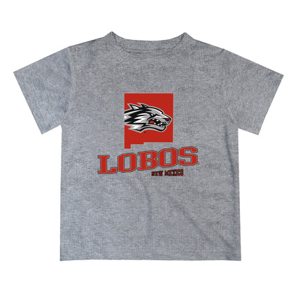 New Mexico Lobos Vive La Fete State Map Heather Gray Short Sleeve Tee Shirt